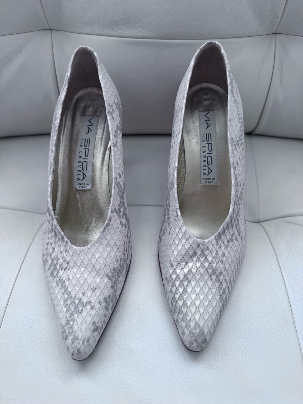 Via Spiga Silver Snakeskin-Textured Pointed-Toe Pumps, Italian Leather